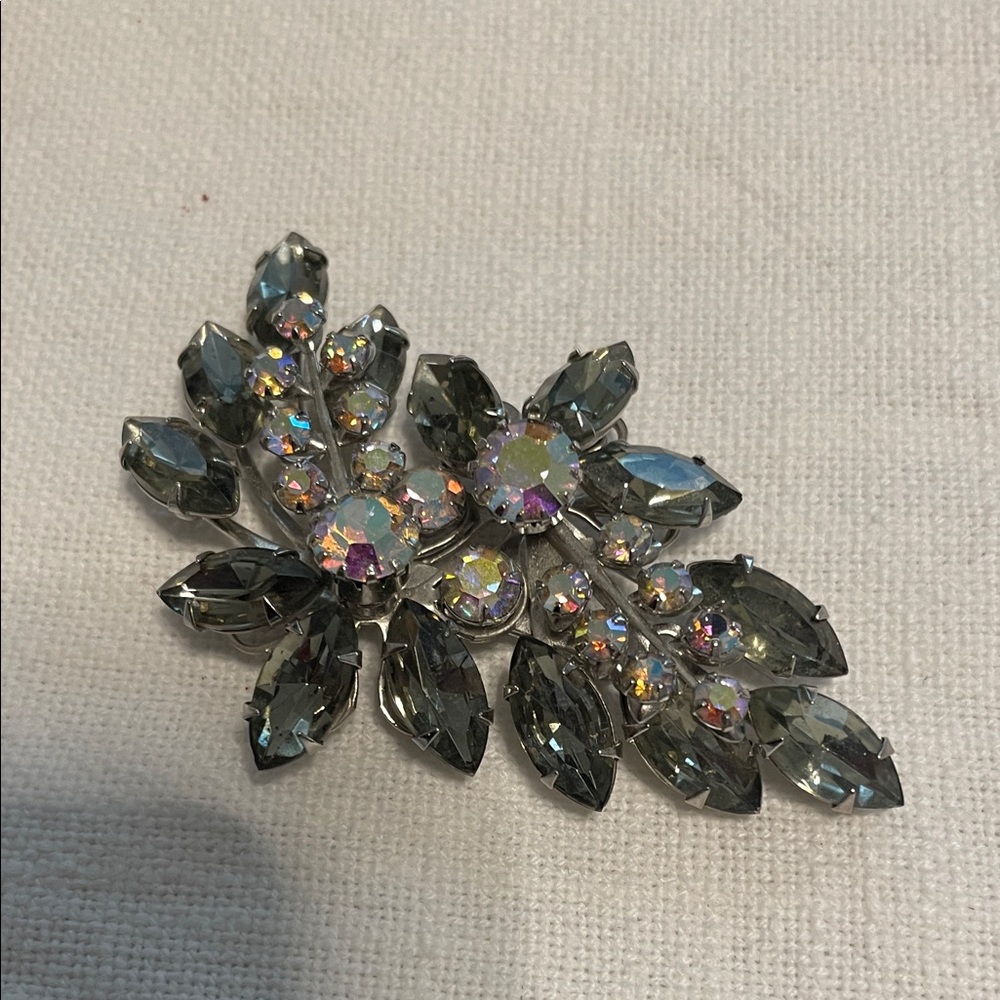 Vintage Aurora Borealis AB And Smoky Grey Rhinestone Spray Silver Tone Brooch